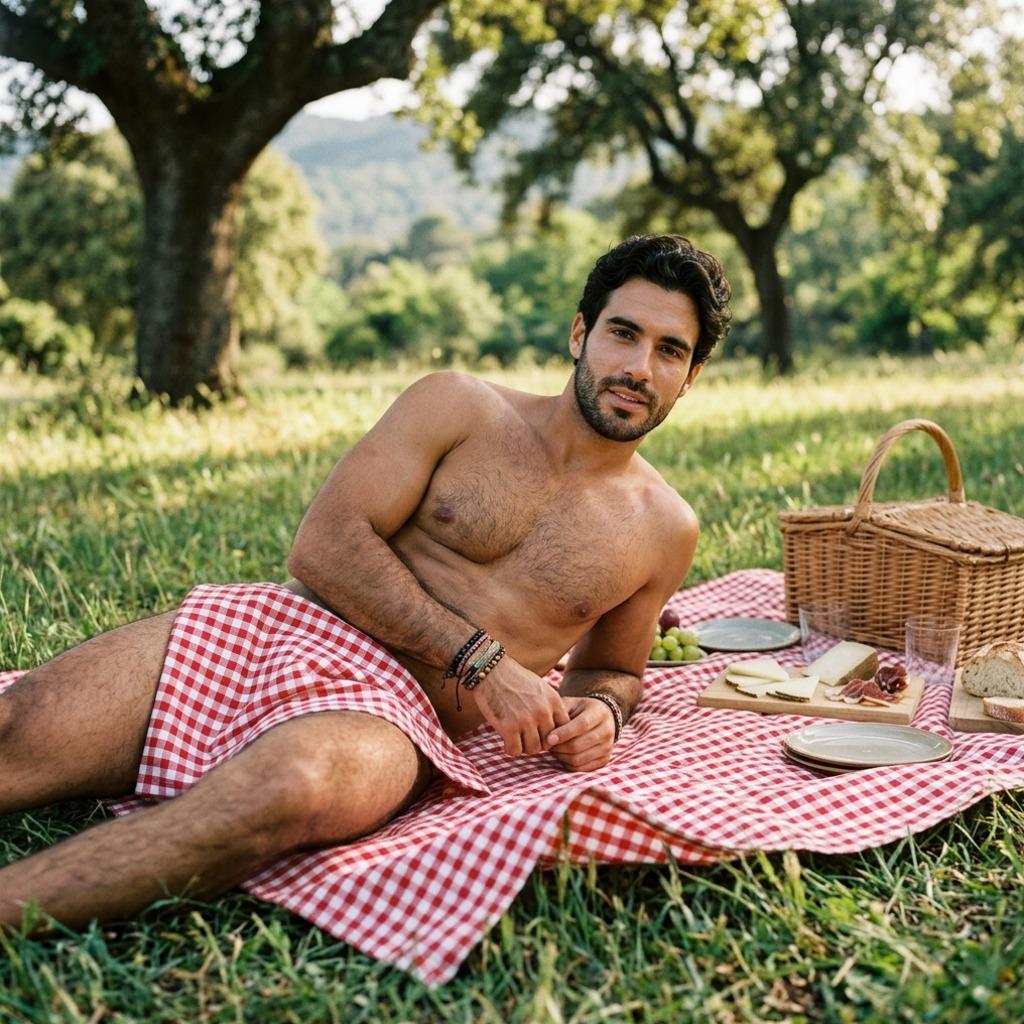 Nestled in nature’s embrace, a vision of pure beauty unfolds. A stunning man enjoys a nude picnic, artfully draped in a...