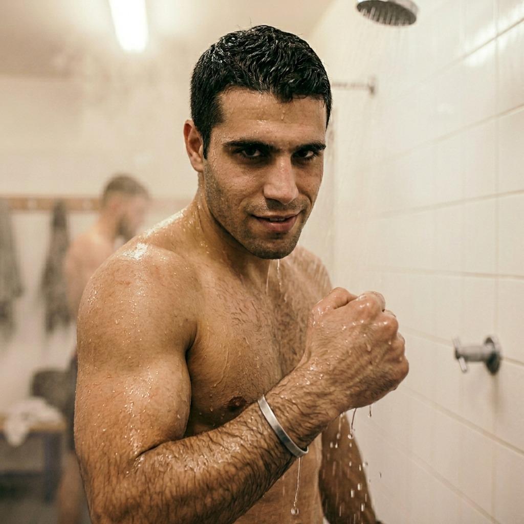 Every drop glistens on his sculpted form—strength meets grace in the most primal way. #malebeauty #shower #athlete #wet