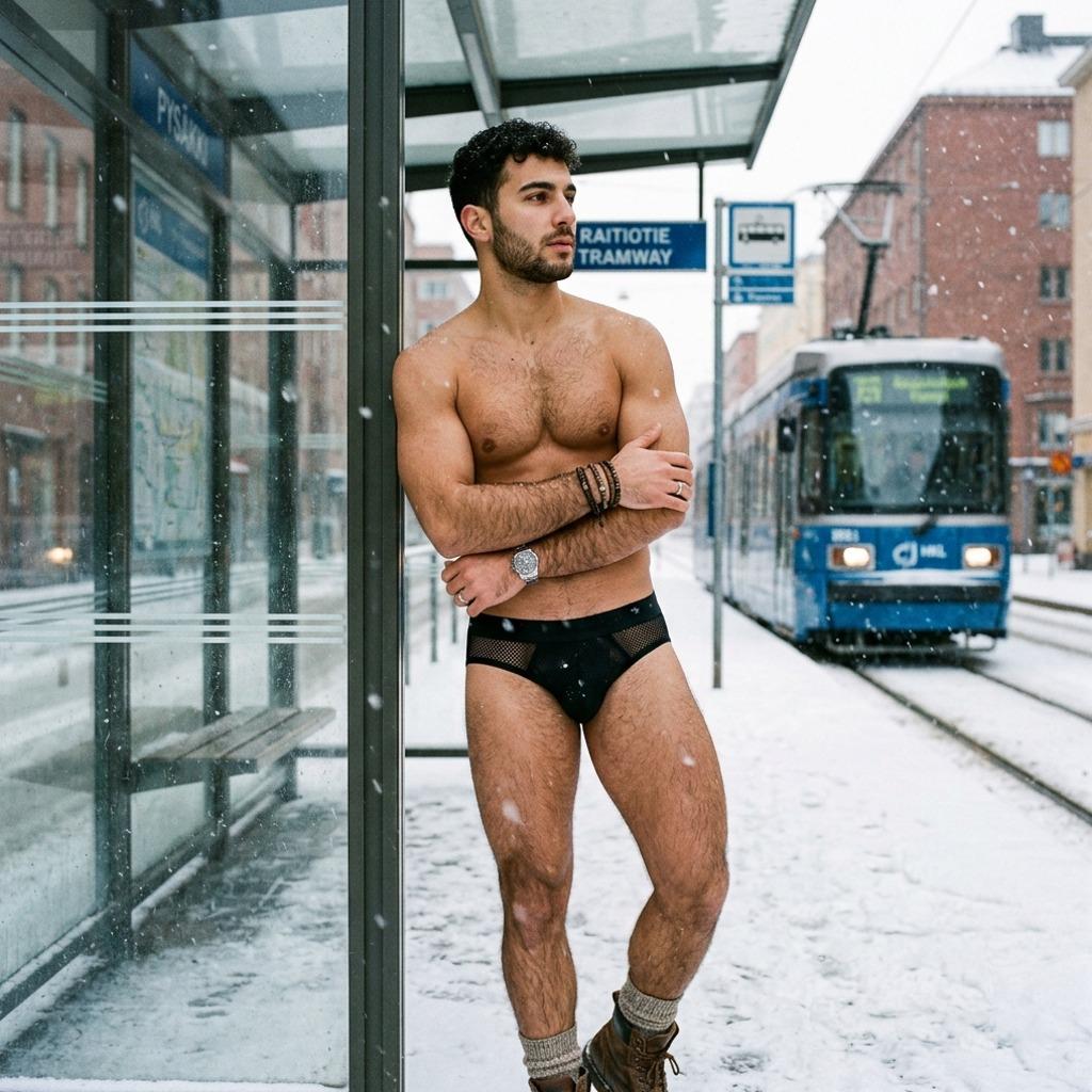 Every snowflake kisses his skin as he waits for the tram in just his underwear. Pure winter magic. #malebeauty #street #snow...