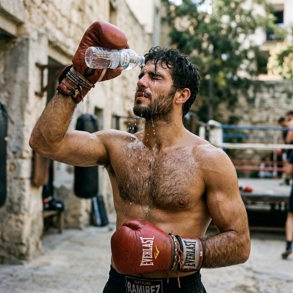 Every drop glistens on that sculpted chest—pure art in the ring. #street #athlete #wet