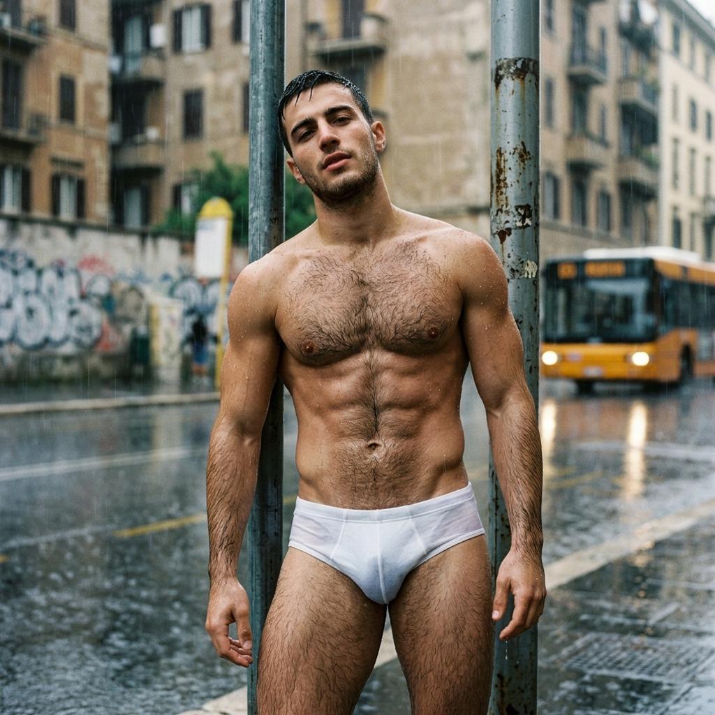 Every man looks stunning when he owns his confidence—even in the rain. #street #underwear #wet