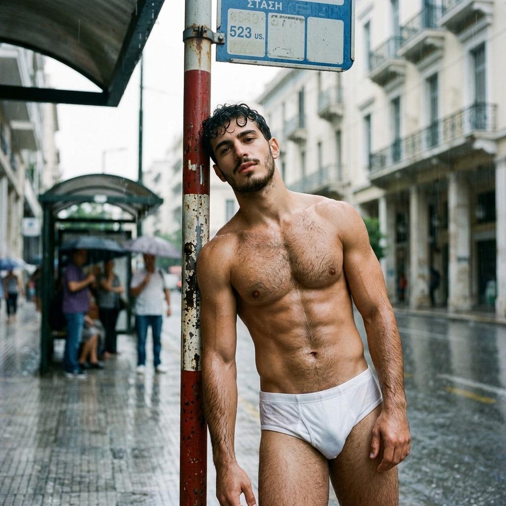 Every man’s a wet dream when he waits for the bus in just his skivvies. #street #underwear #wet