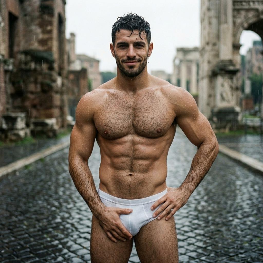 Every drop glistens on his skin, turning the world into his runway. Rain-kissed perfection captured in one frame....