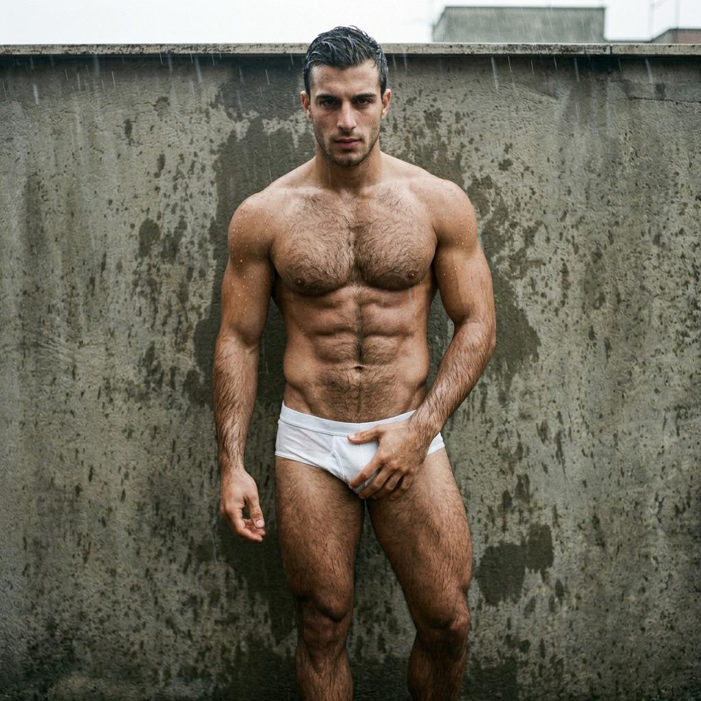 Rain-soaked confidence drips off him as he squeezes his package through those tight briefs. Pure, unfiltered male beauty in...