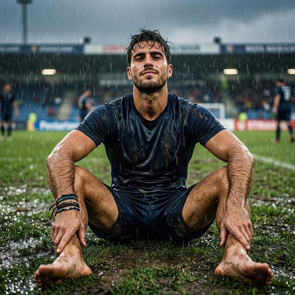 Rain-soaked footballer sits alone on the pitch, muscles glistening under the downpour. Every drop highlights the raw power...