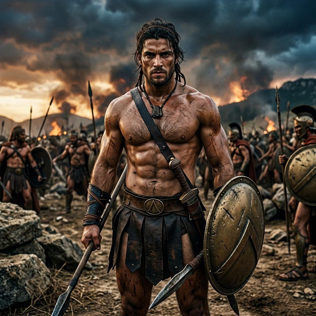 Spartan warrior in full battle gear, muscles glistening under the sun, ready to conquer both enemies and hearts. Pure...