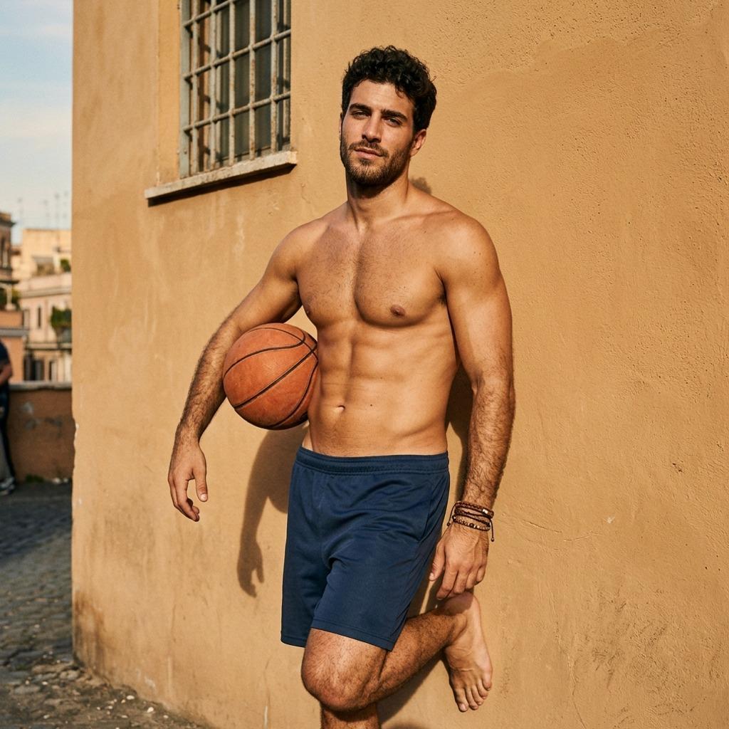 Every dribble, every flex—this shot captures pure athletic confidence. Celebrate the beauty of the male form in motion....