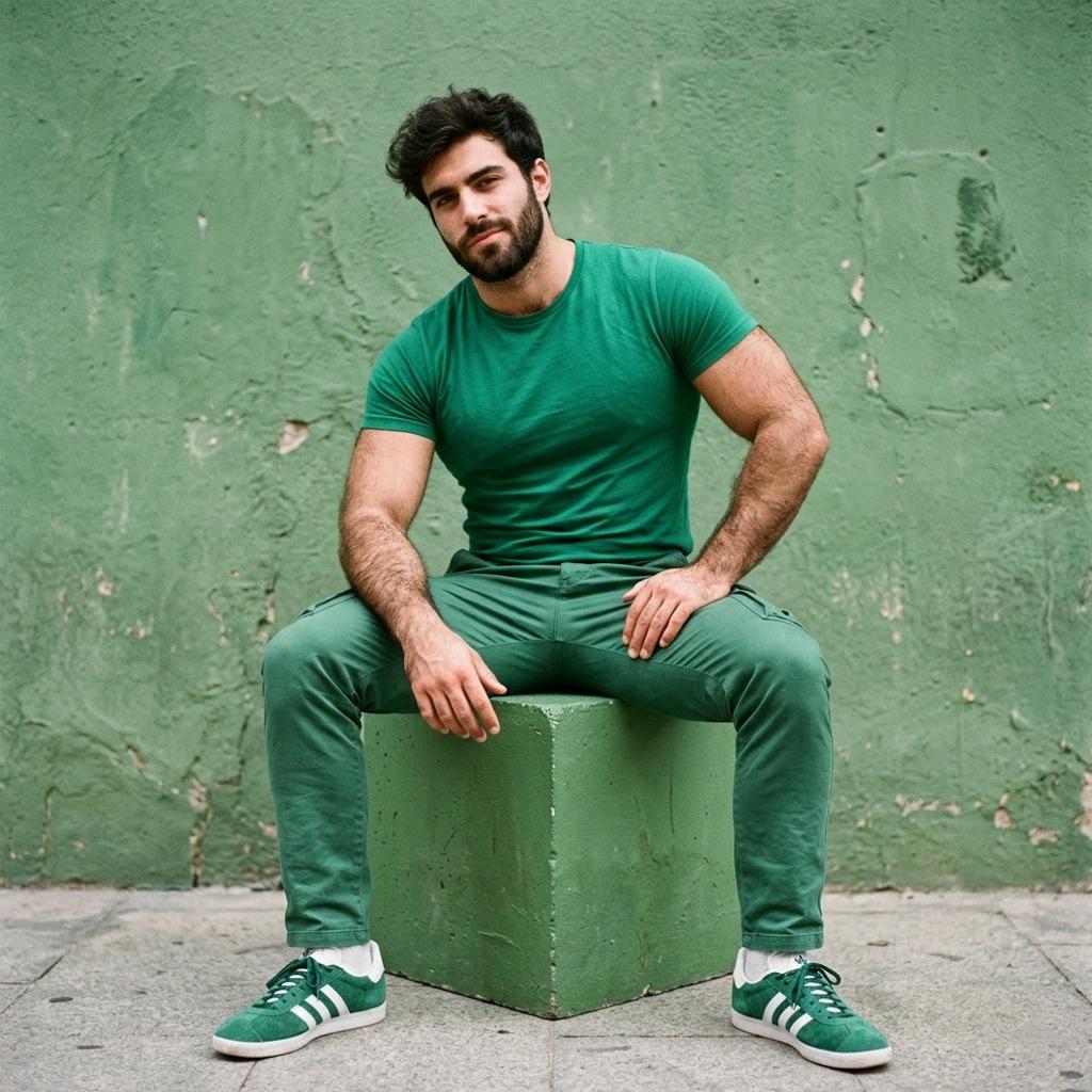 Celebrate the beauty of green with this stunning shot! The perfect blend of fashion and nature. 🌿✨ #malebeauty #street #hairy