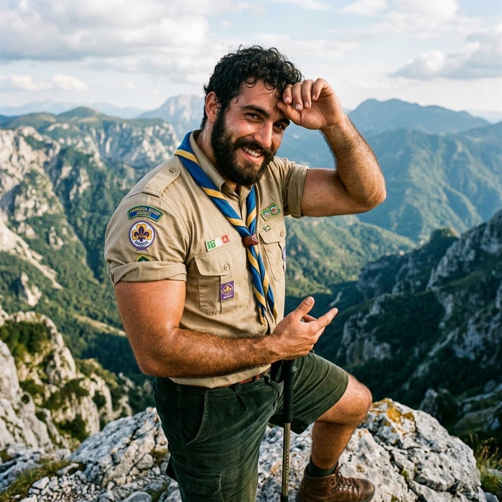Scout perched high on a mountain peak, the world below a breathtaking canvas. Nature’s beauty framed by his rugged charm....