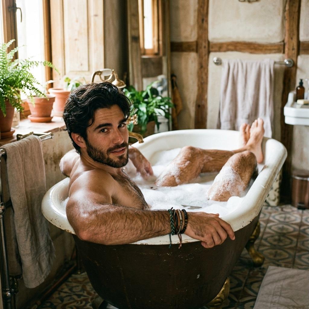 Every man’s wet dream: a stunning guy lounging in a bathtub, water dripping down his sculpted body. Pure art. Pure...