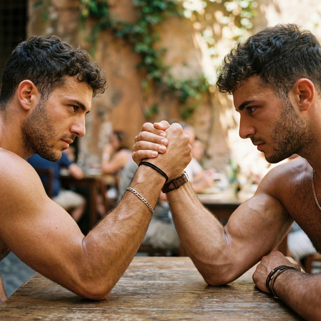 Ready to flex those muscles? Nothing beats the raw power of a good arm wrestle between two gorgeous guys. 💪🔥 #malebeauty...