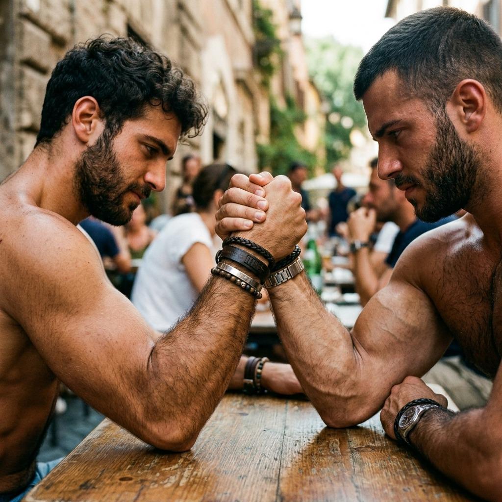 Fierce arms locked in a battle of strength and style. Who will claim victory? Pure masculine energy on full display. #couple...