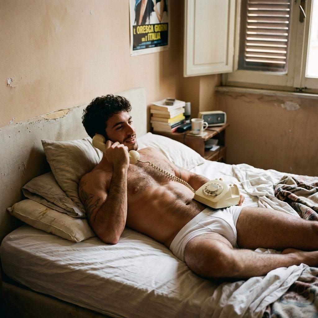 Every curve, every line—pure art. Who needs clothes when you can make a phone call this hot? 🔥 #malebeauty #bedroom