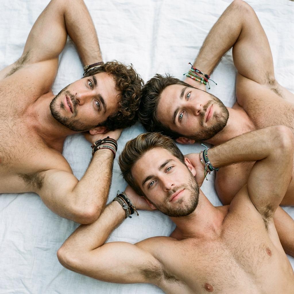 Every inch of them is pure art. Three stunning men, relaxed and radiant on a bed—pure male beauty captured in one frame....