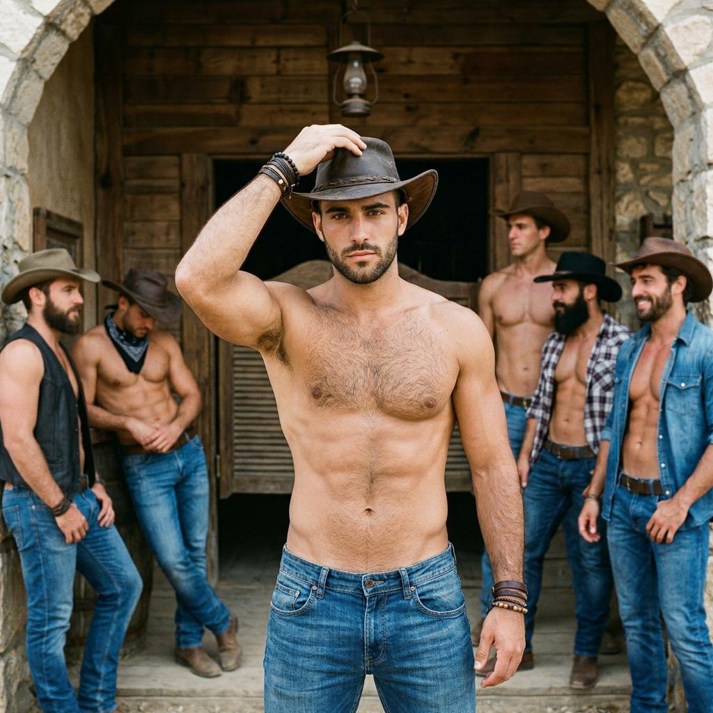 Ride into the sunset with this rugged cowboy—muscles on full display, pure masculine charm. 🤠🔥 #cowboy #hairy #studio