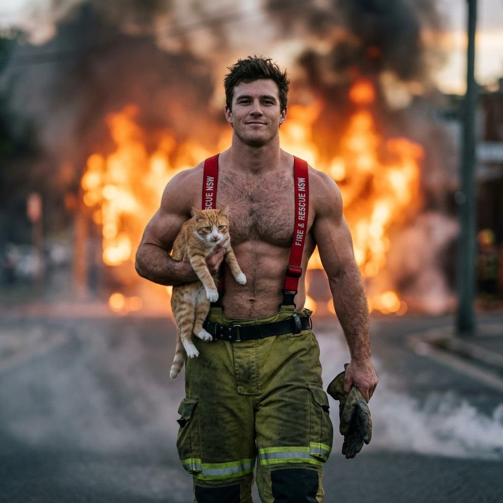 Hot Aussie firefighter saving a kitten from the flames 🔥🐱 Who needs a hero when you’ve got this? #street #firefighter #nature