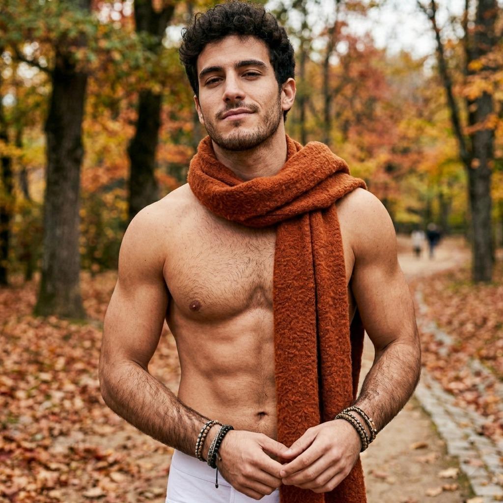 Autumn winds can’t resist this view—bare skin glowing under golden leaves, scarf casually draped just right. Nature’s finest...
