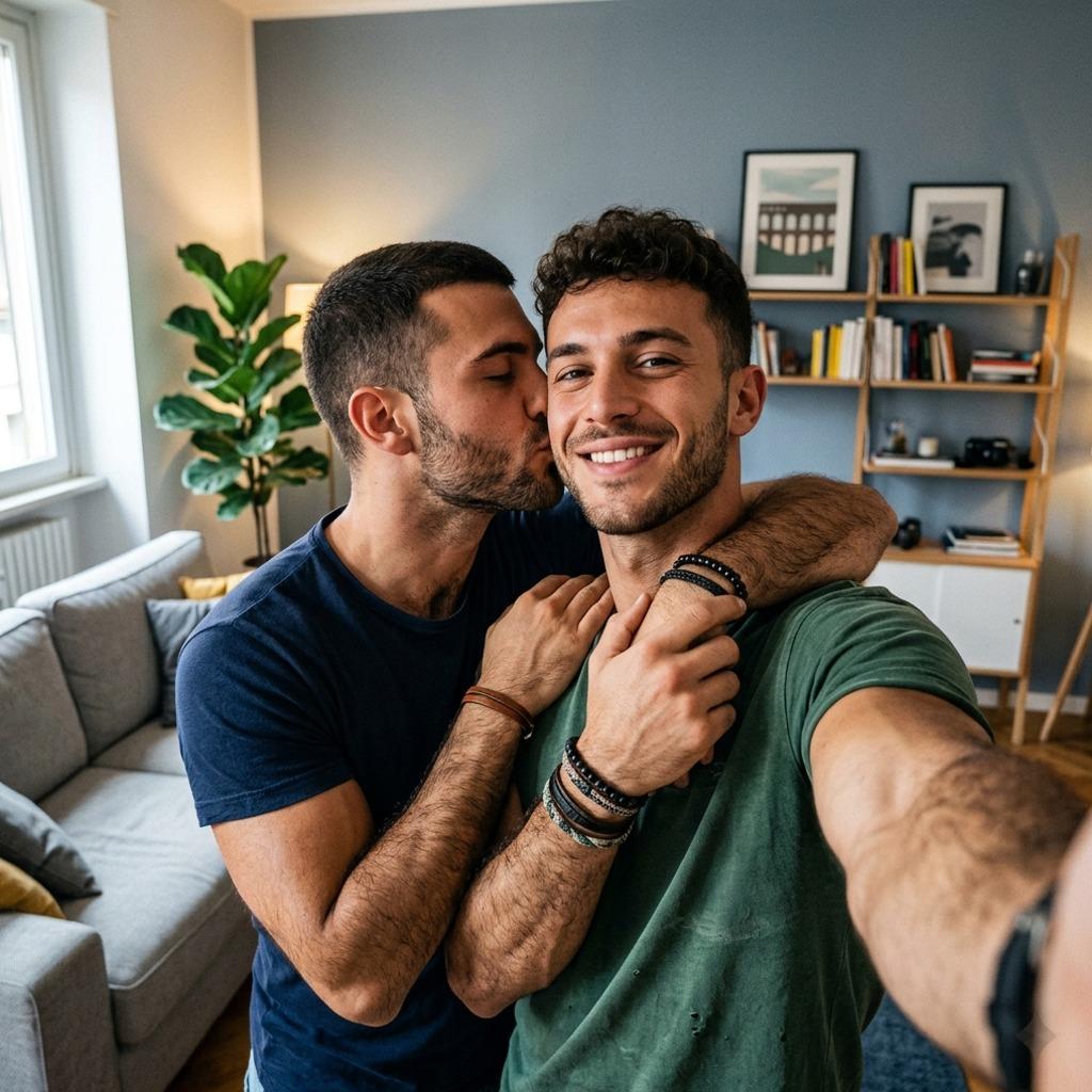 Hotter than the camera flash—two stunning guys capture the perfect selfie. 🔥 Who’s your favorite? #bedroom #couple #selfie