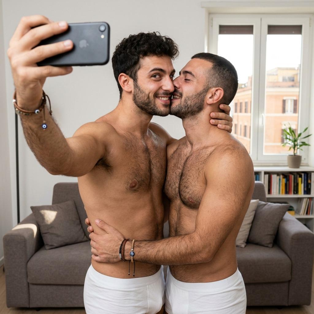 Hot selfie time! Two stunning guys capture their magnetic energy in this shot. Pure magnetism, pure confidence. #bedroom...