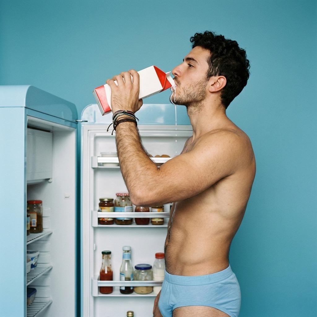 Sipping milk straight from the carton—because perfection doesn’t need a glass. 🥛✨ #kitchen #underwear