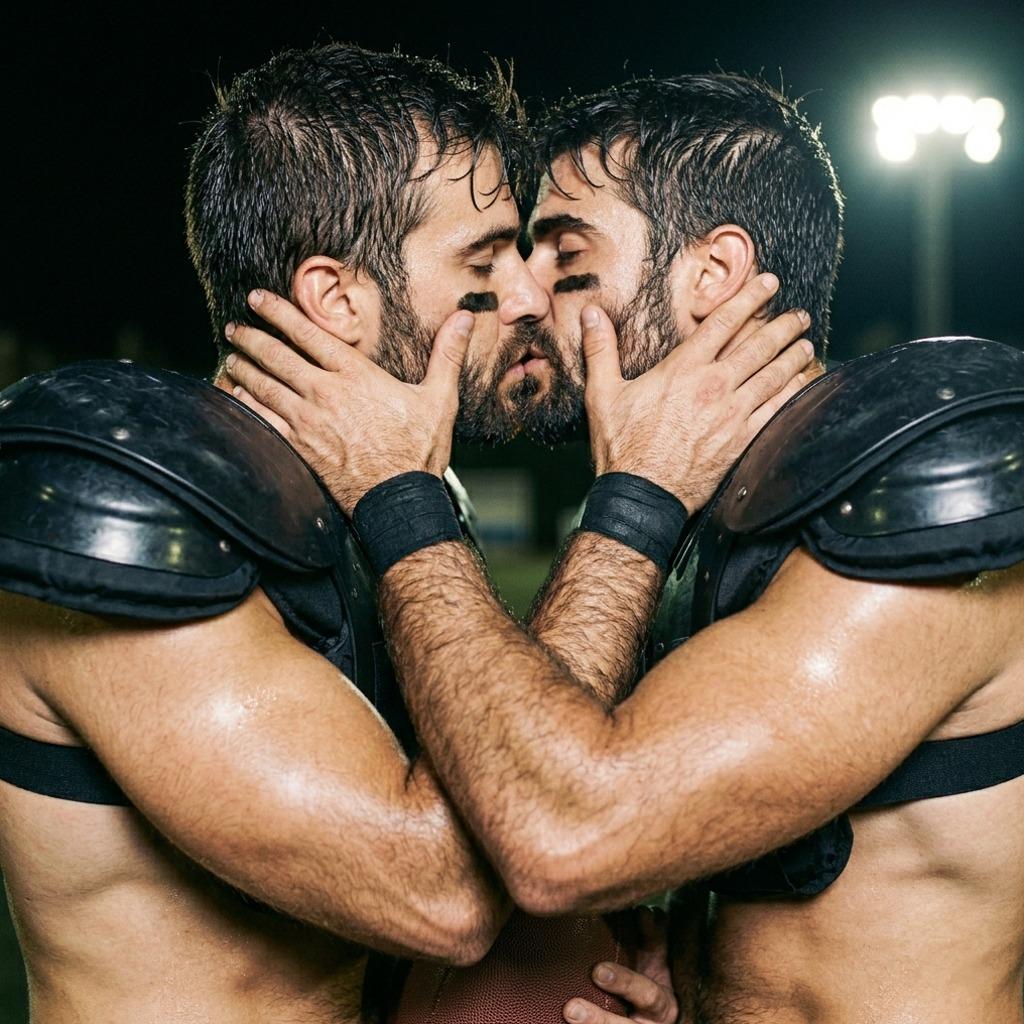 Celebrating love and strength on the field! Two football players share a passionate kiss, proving that passion knows no...
