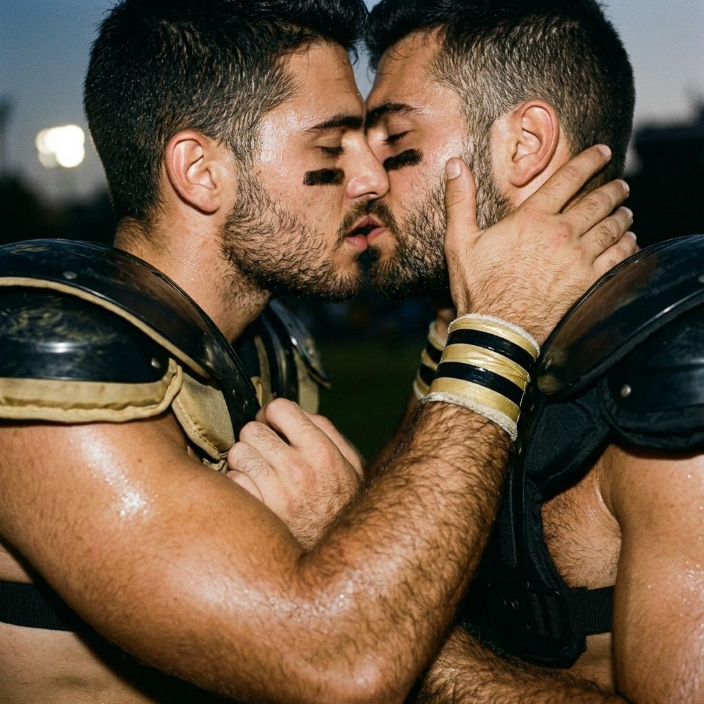 Celebrating love on the field! Two football players share a passionate kiss, proving that beauty and strength go hand in...