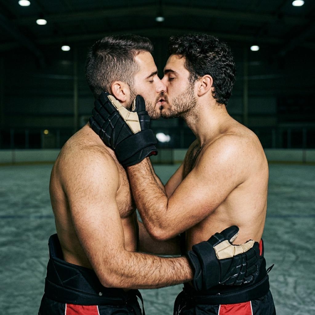 Frozen on ice, hearts melt in the rink. Two hockey players share a moment that says it all. Pure passion, pure beauty. 🏒💋...