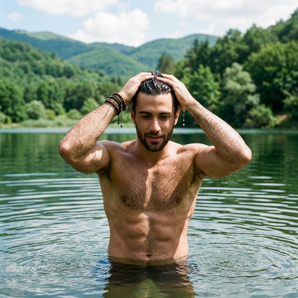 Dive into crystal-clear waters with this stunning shot of pure masculinity. Nature’s beauty meets raw charm in this...
