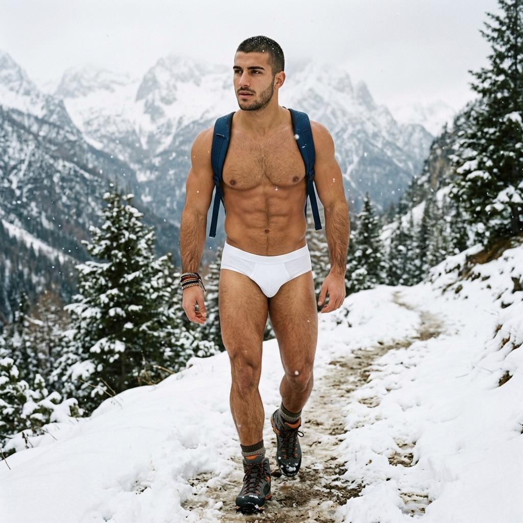 Frost-kissed steps on untouched snow, every inch of him a masterpiece. Who needs clothes when perfection is this bold? 🏔️🔥...