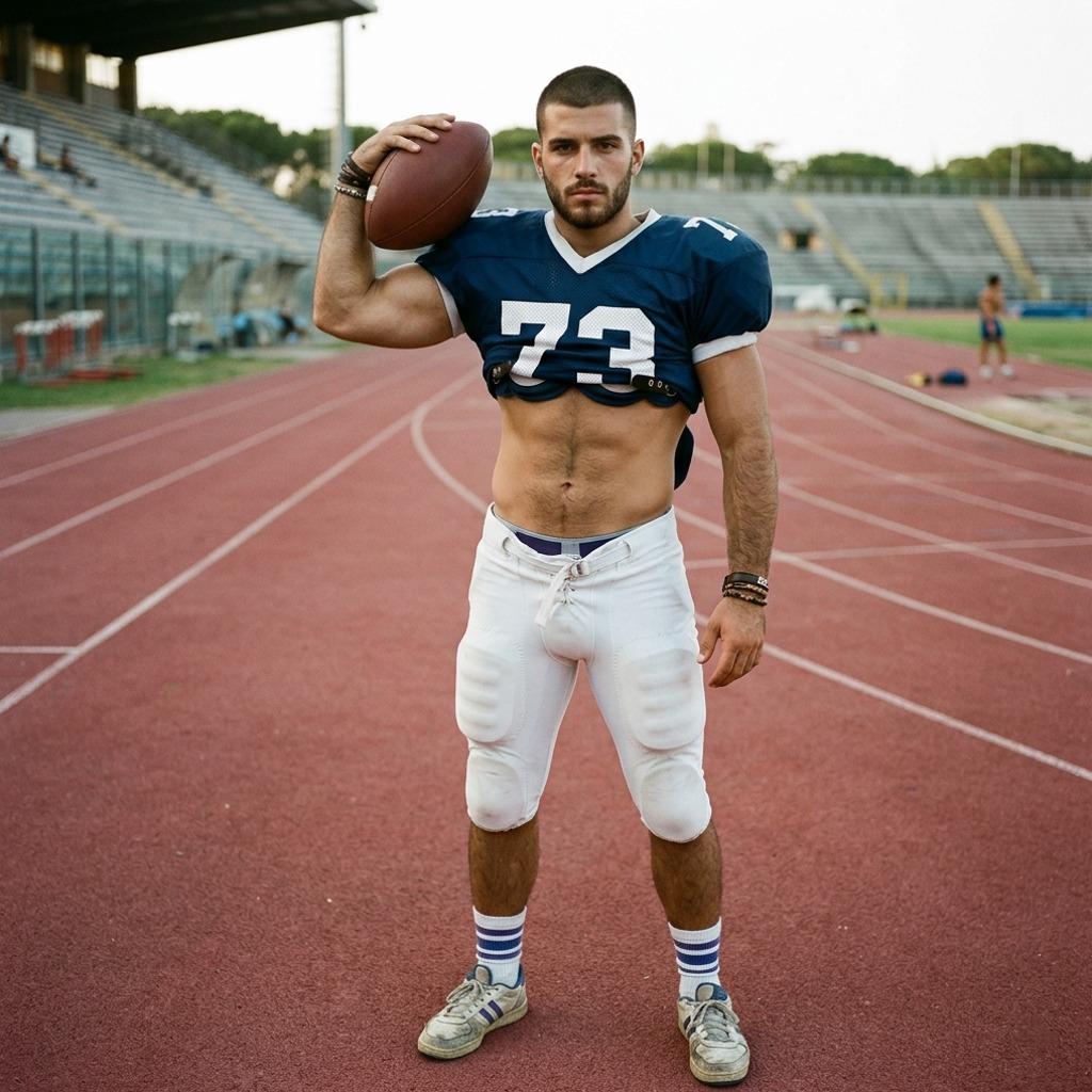 Check out this stunning football hunk flexing those abs! Pure athletic perfection that’ll make your heart race. #athlete