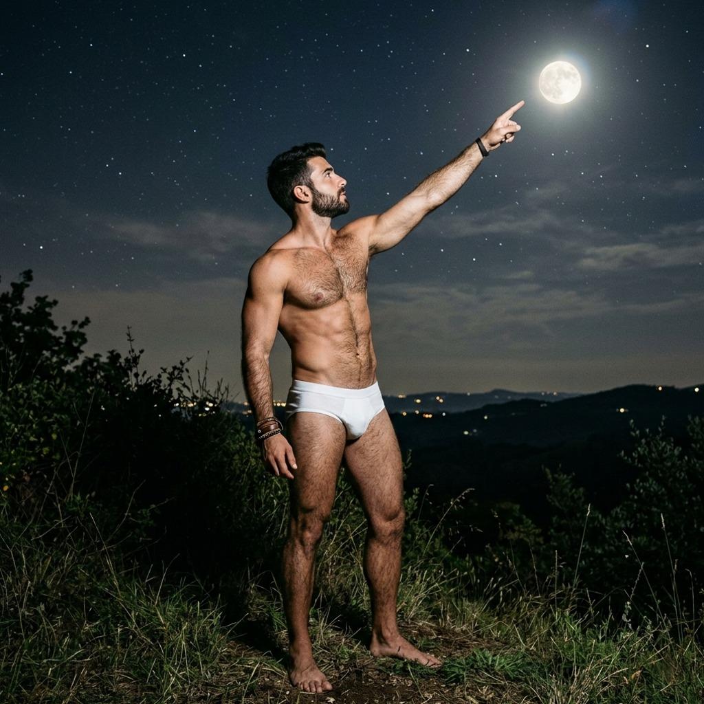 Moonlit glow on his skin, fingers pointing to the sky. Every curve, every shadow—pure art. 🌙✨ #malebeauty #nature #underwear