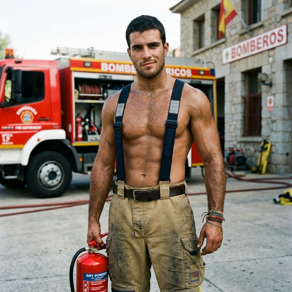 A Spanish firefighter in action, hose in hand, dripping wet and powerful. Pure muscle and dedication on display. Every inch...