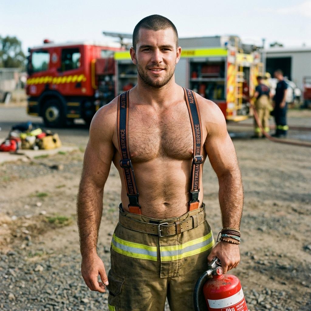 Firefighter flexing with a hose in hand—because saving lives never looked this hot. 🔥 #firefighter #nature #worker