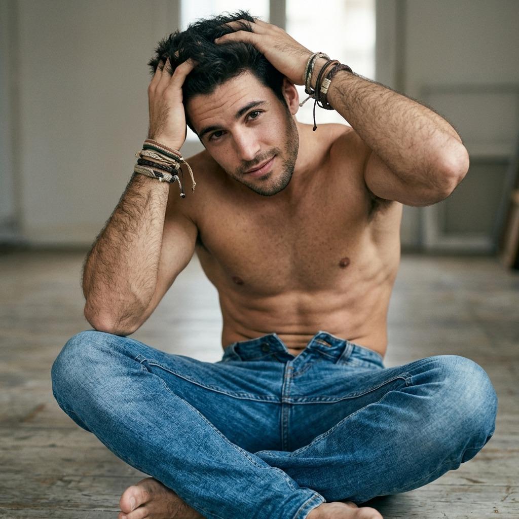 Elegance meets raw beauty as he sits effortlessly on the floor, a masterpiece of masculinity in every curve. Every angle is...