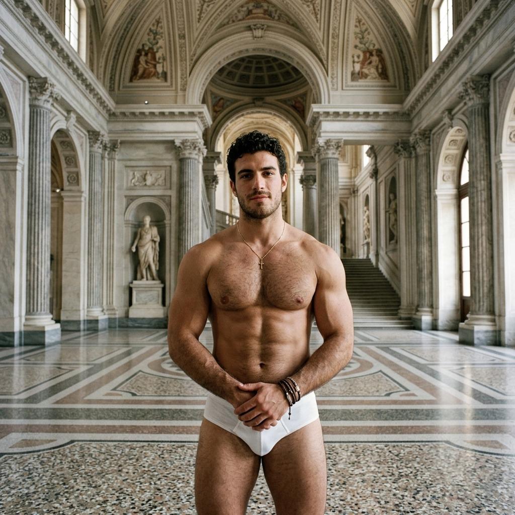 Every curve, every step—pure art in motion. The timeless elegance of a man in briefs, framed by ancient halls. Beauty that...
