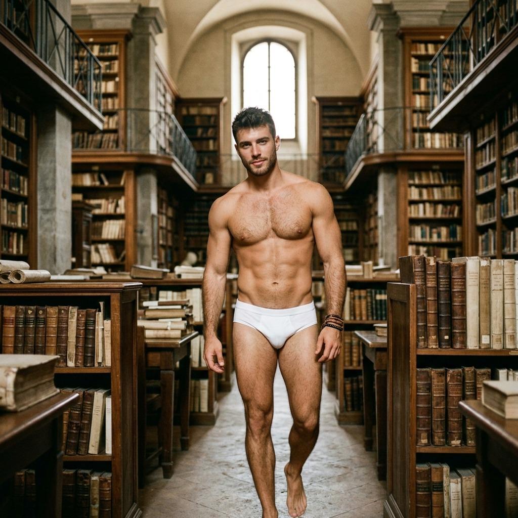 Flaunting confidence in vintage halls, nothing beats the raw beauty of a man in his natural element. #library #underwear