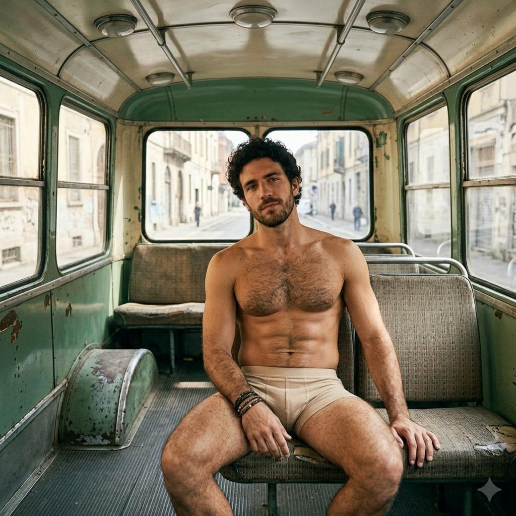 Every seat’s taken but this view? Nothing beats a hot guy in briefs on a vintage bus ride. Pure art. 🚍🔥 #malebeauty...
