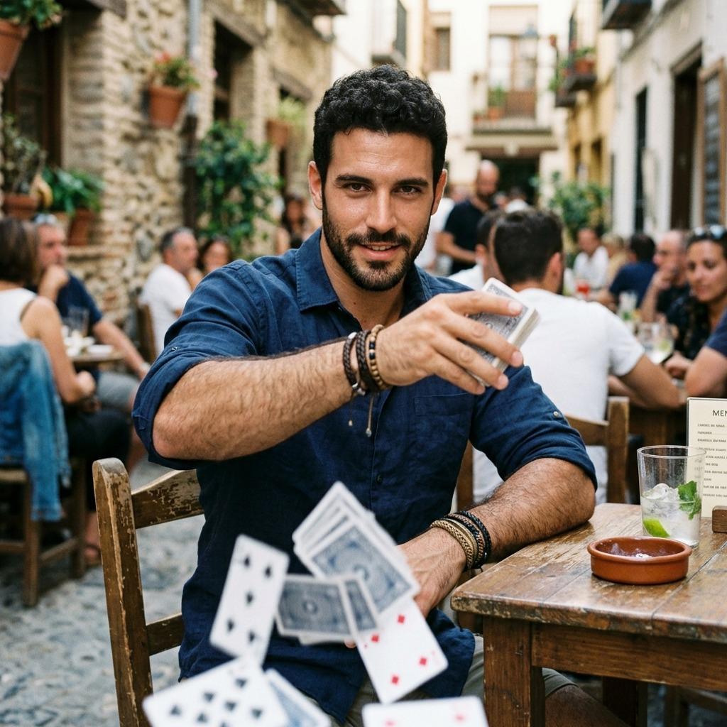 Every time he tosses those cards, the room stops. Pure magic in motion. #malebeauty #street