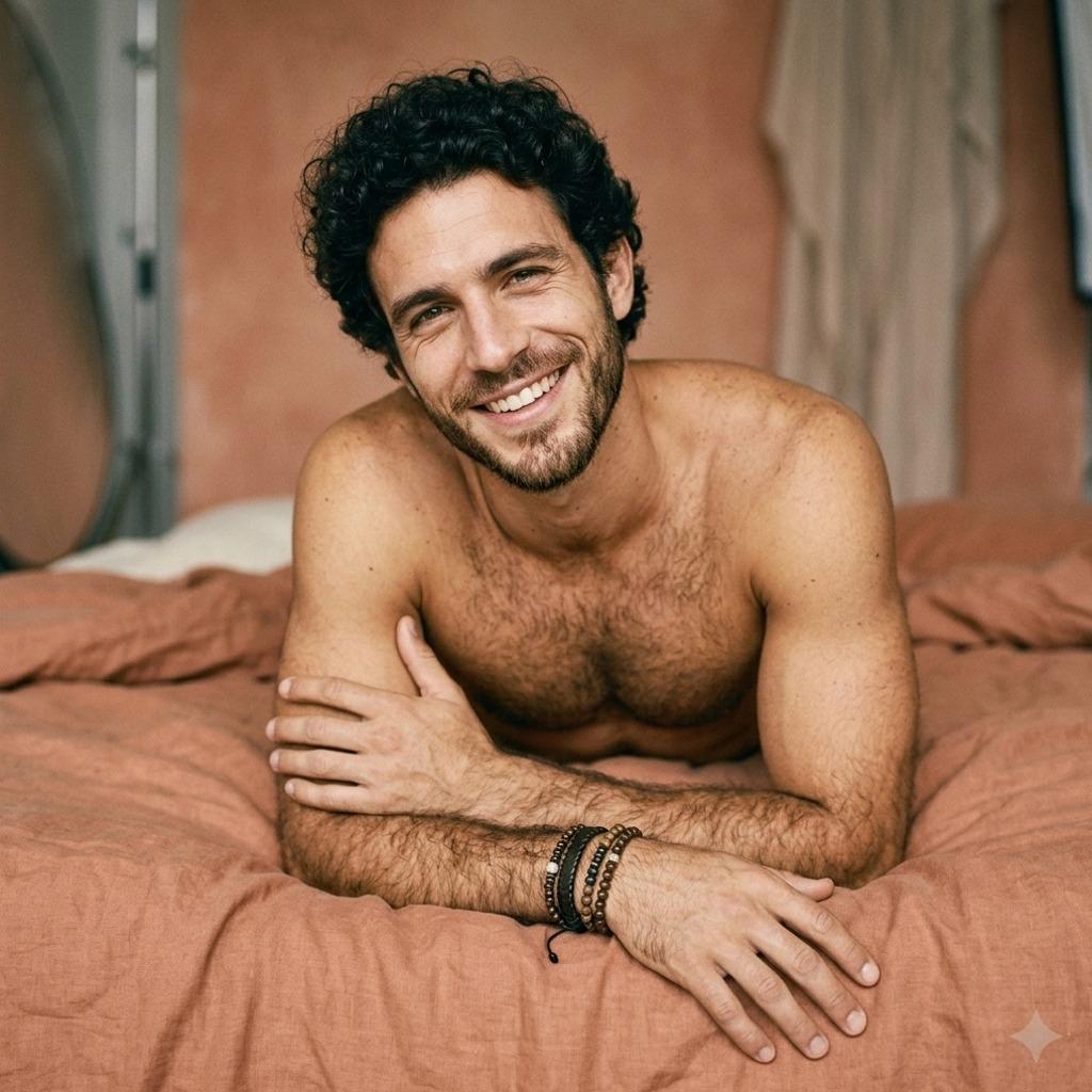 Celebrate the beauty of masculinity with this stunning shot of a smiling guy in bed. Pure charm, pure confidence....