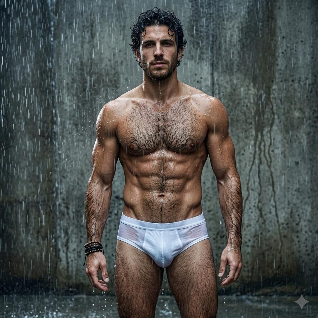 Rain-kissed skin, every drop a sparkle. Beauty thrives in every shade. #malebeauty #shower #underwear #wet