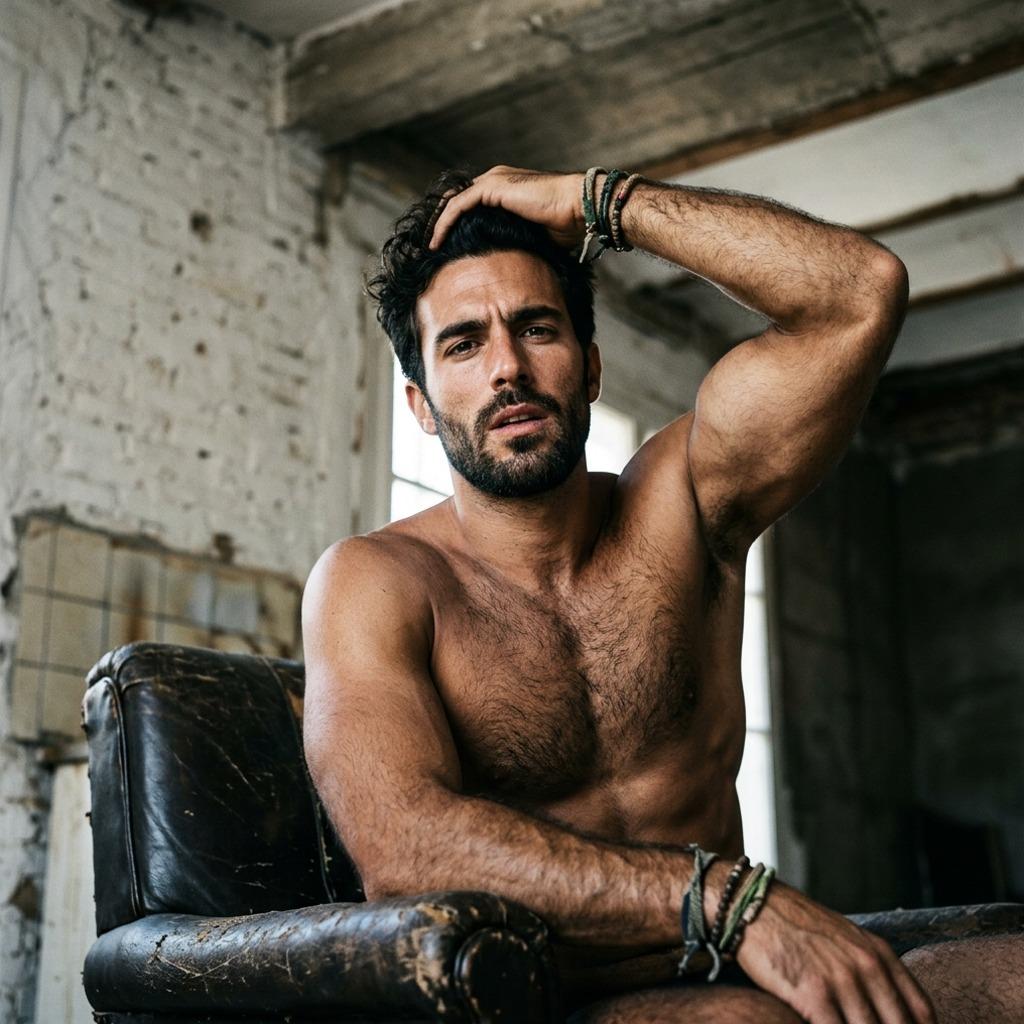 Every curve of his body tells a story—relaxed, confident, effortlessly stunning. The vintage chair just adds the perfect...