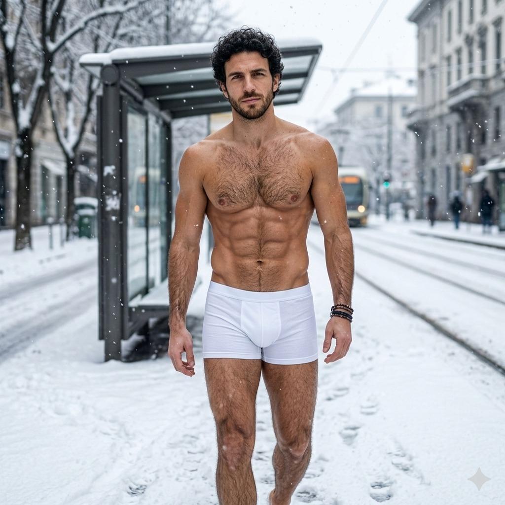 Frost-kissed streets, snowflakes dancing on sculpted skin. Every step a masterpiece. 🏳️‍🌈 #snow #street #underwear