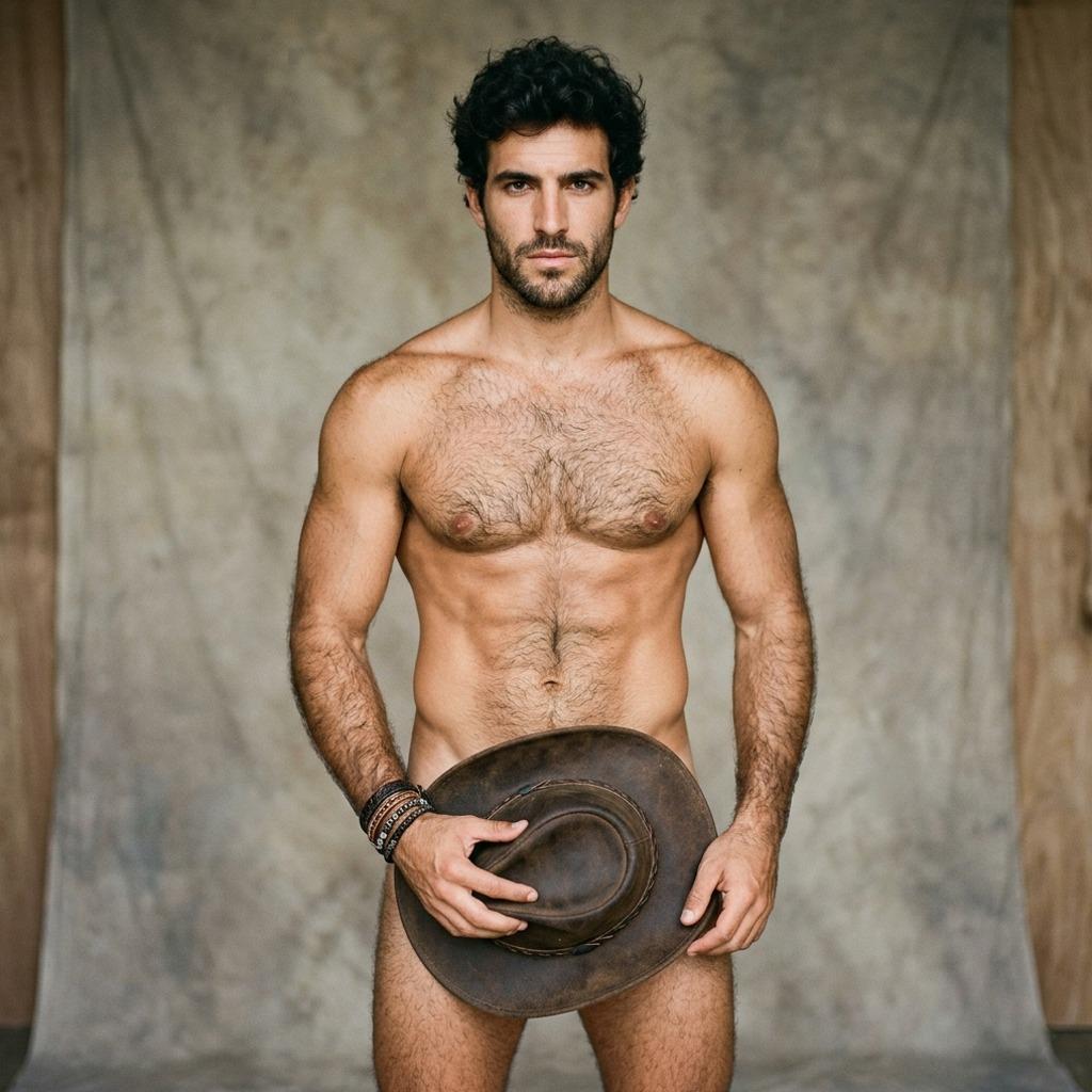 A cowboy poses naked, covering himself with his hat. #studio #cowboy