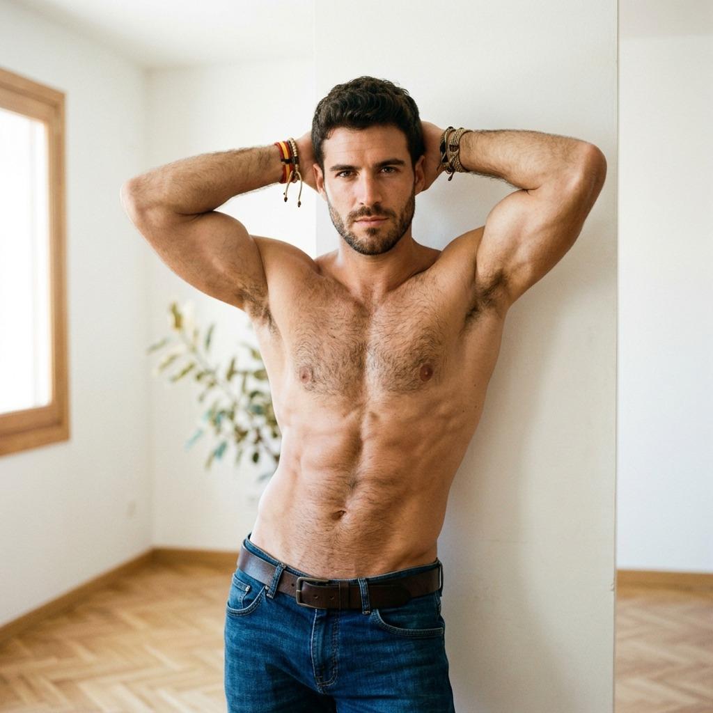 Celebrate the beauty of masculinity with this stunning shot of a guy posing effortlessly in his living room. Every angle is...