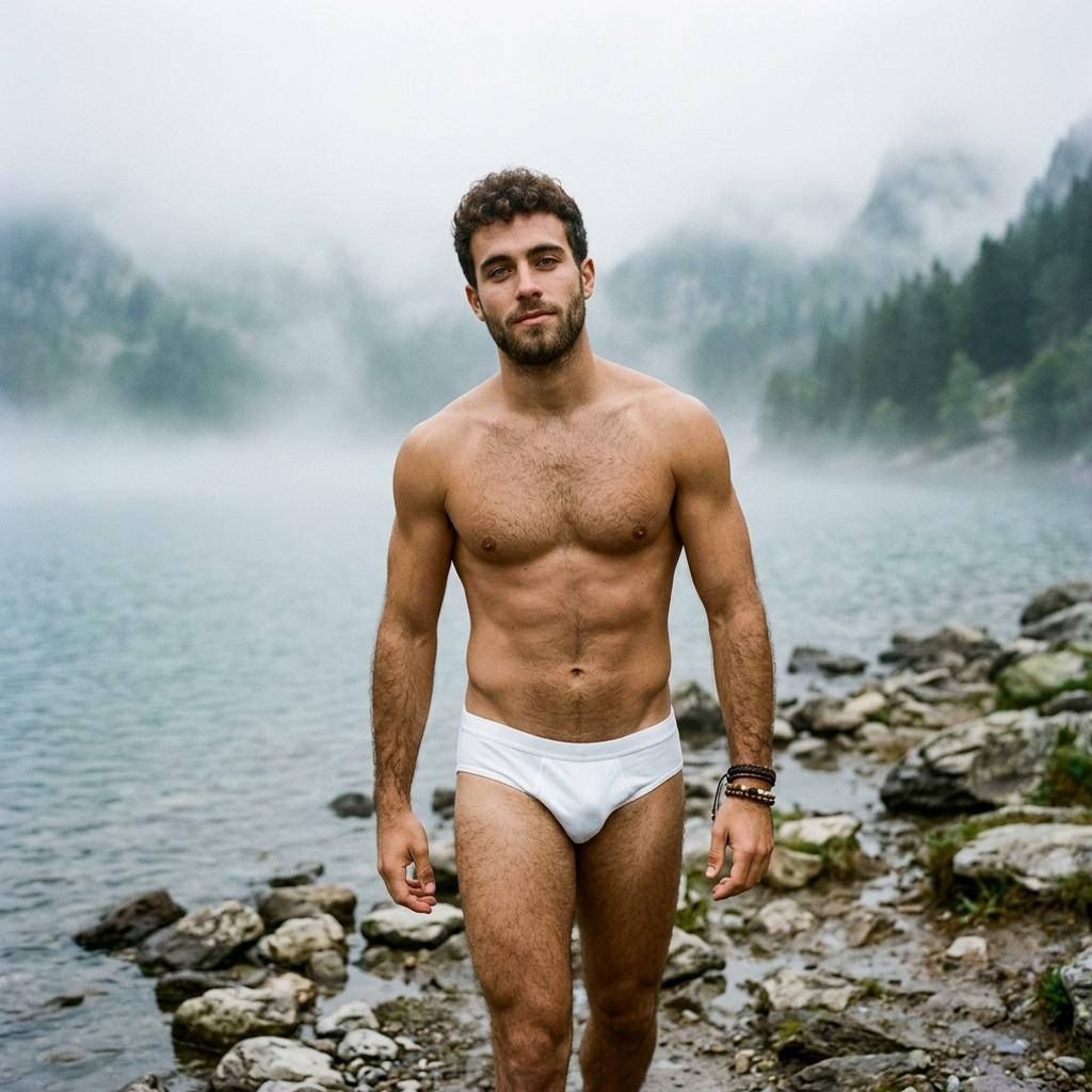 Foggy morning vibes: a stunning guy strolls by the lake in just his undies. Nature’s backdrop couldn’t be more perfect....