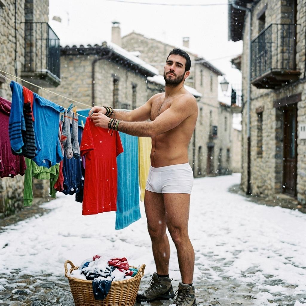 Every snowflake kisses his skin as he hangs his laundry in just his briefs. Nature’s laundry day never looked this hot....