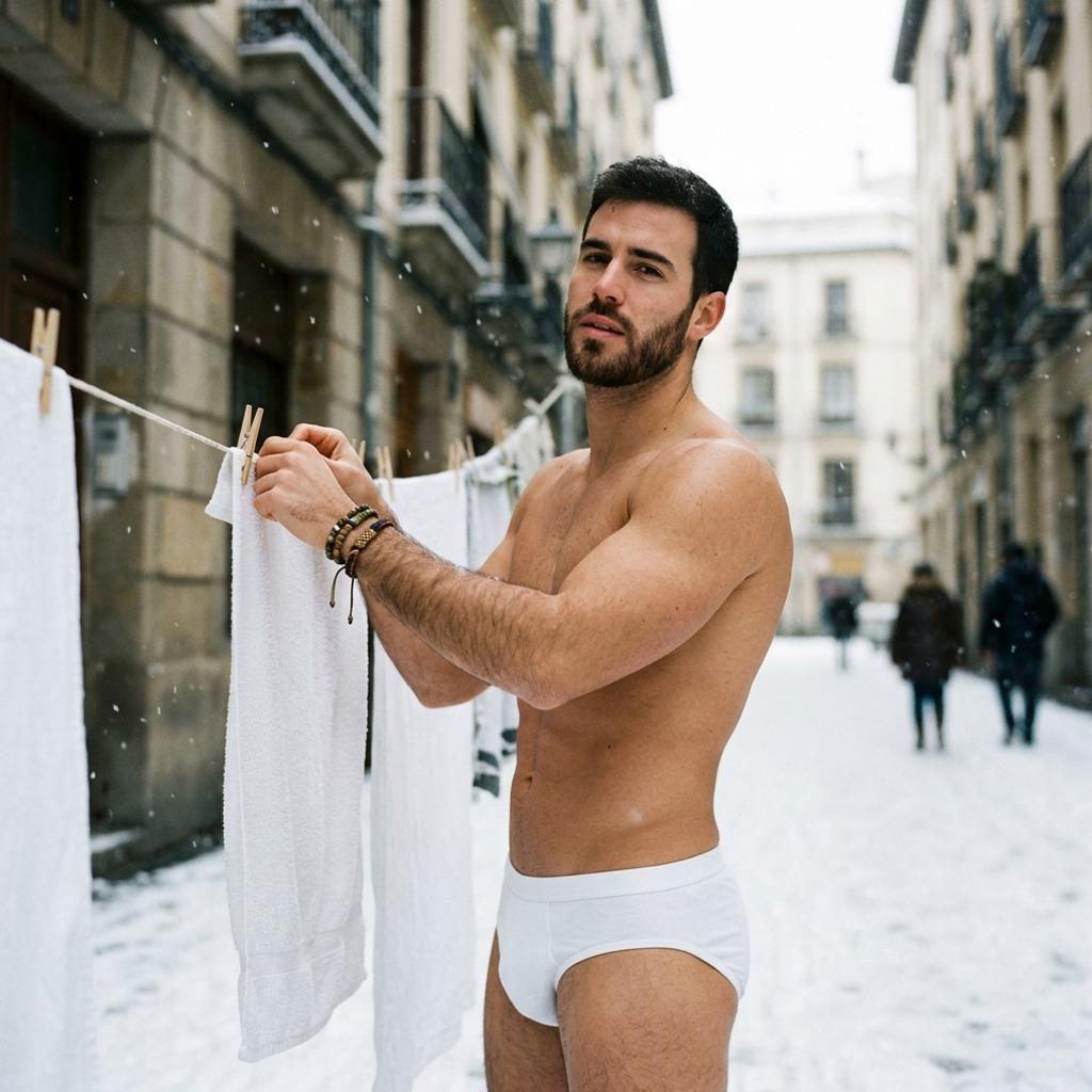 Sun-kissed skin meets winter’s chill—nothing beats a confident man in just his underwear against the snow. Pure, unfiltered...