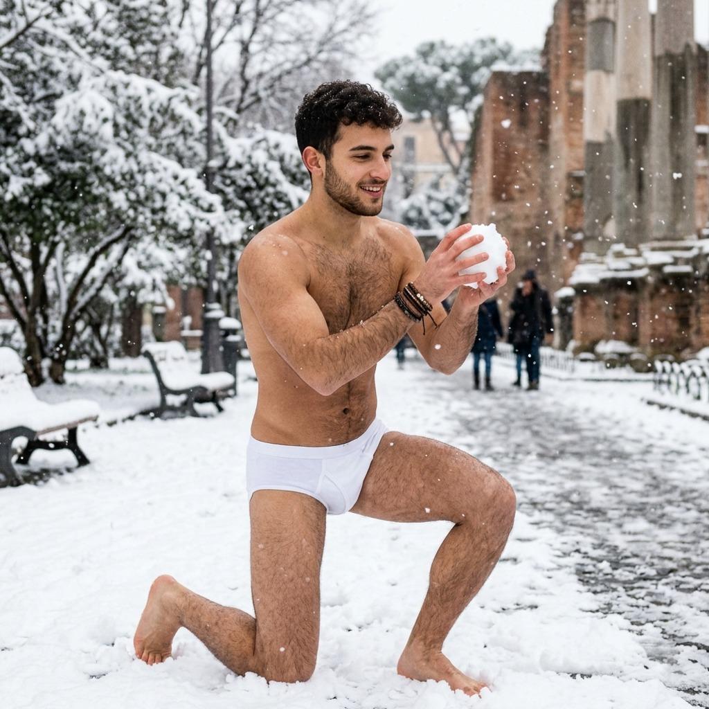 Frosty fun in just skivvies—nothing beats a snowball fight with that icy charm. #snow #underwear #street
