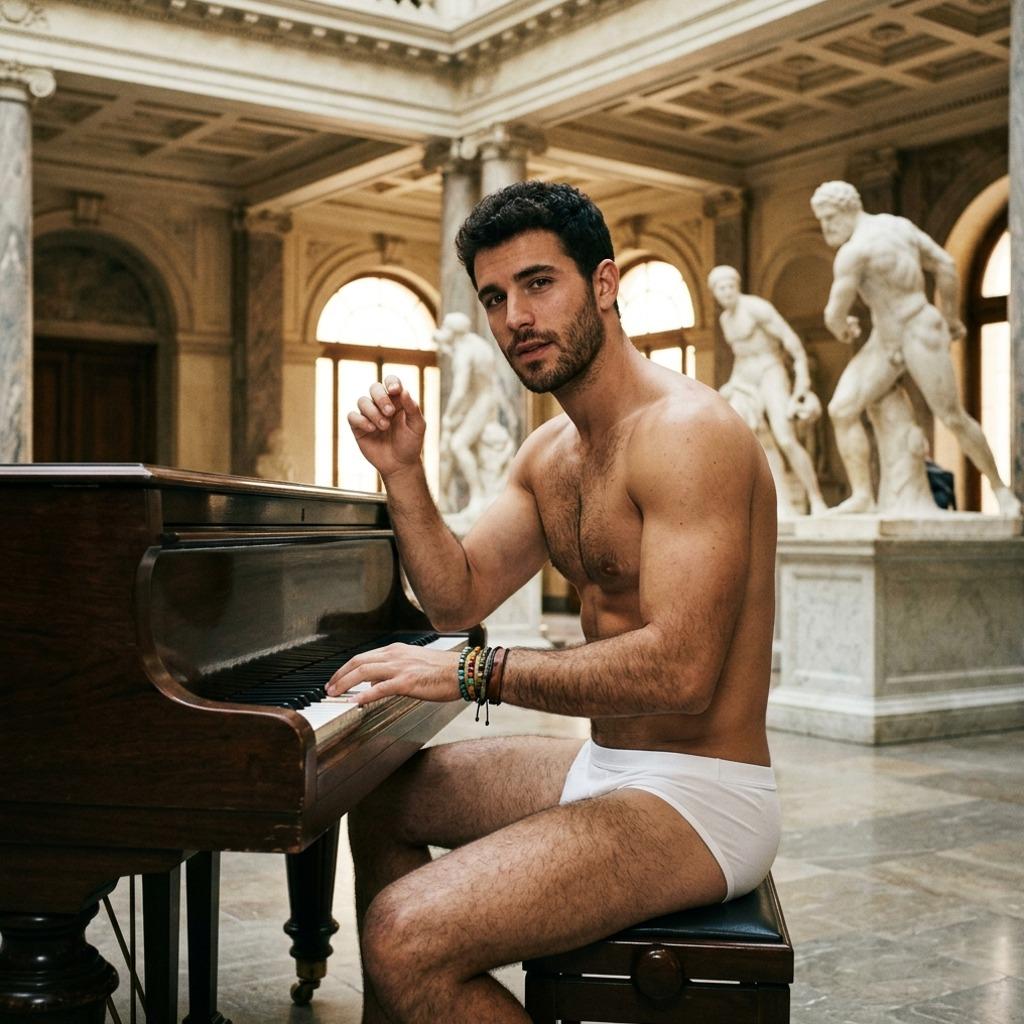 Flawless fingers dancing on ivory keys, barely covered by those tight briefs. Pure artistry meets raw masculinity. Who needs...