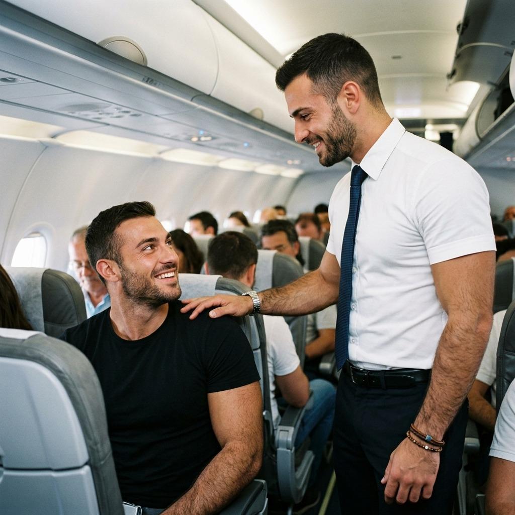 Every smile from a hot flight attendant is a free upgrade to happiness. 😉✈️ #malebeauty #airport #couple #uniforms #travel